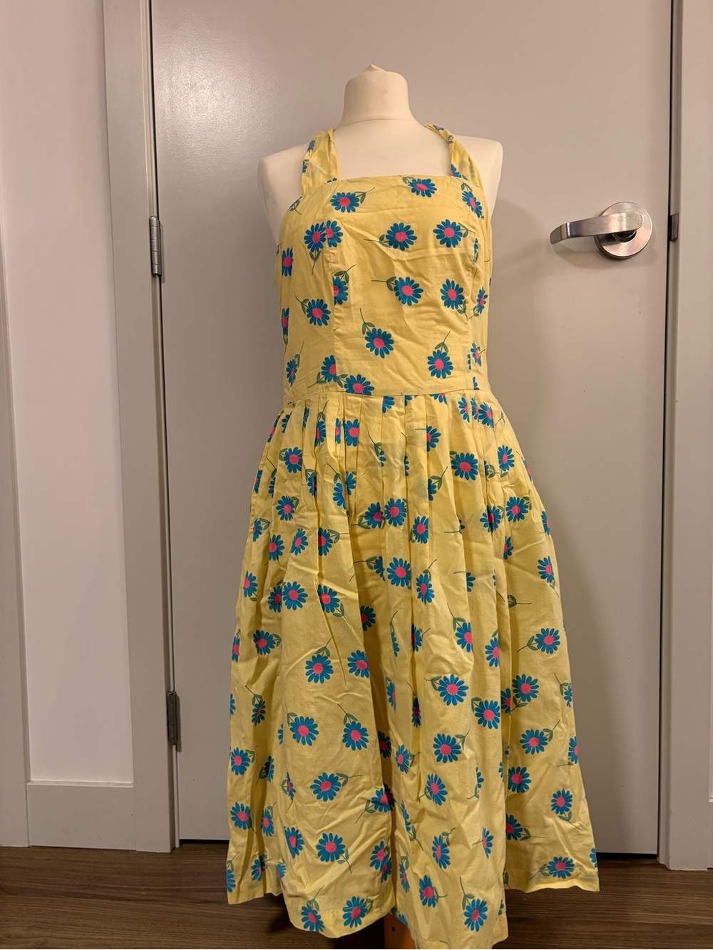 J. Peterman Yellow Floral Halter Maxi Dress with Blue and Pink Blooms